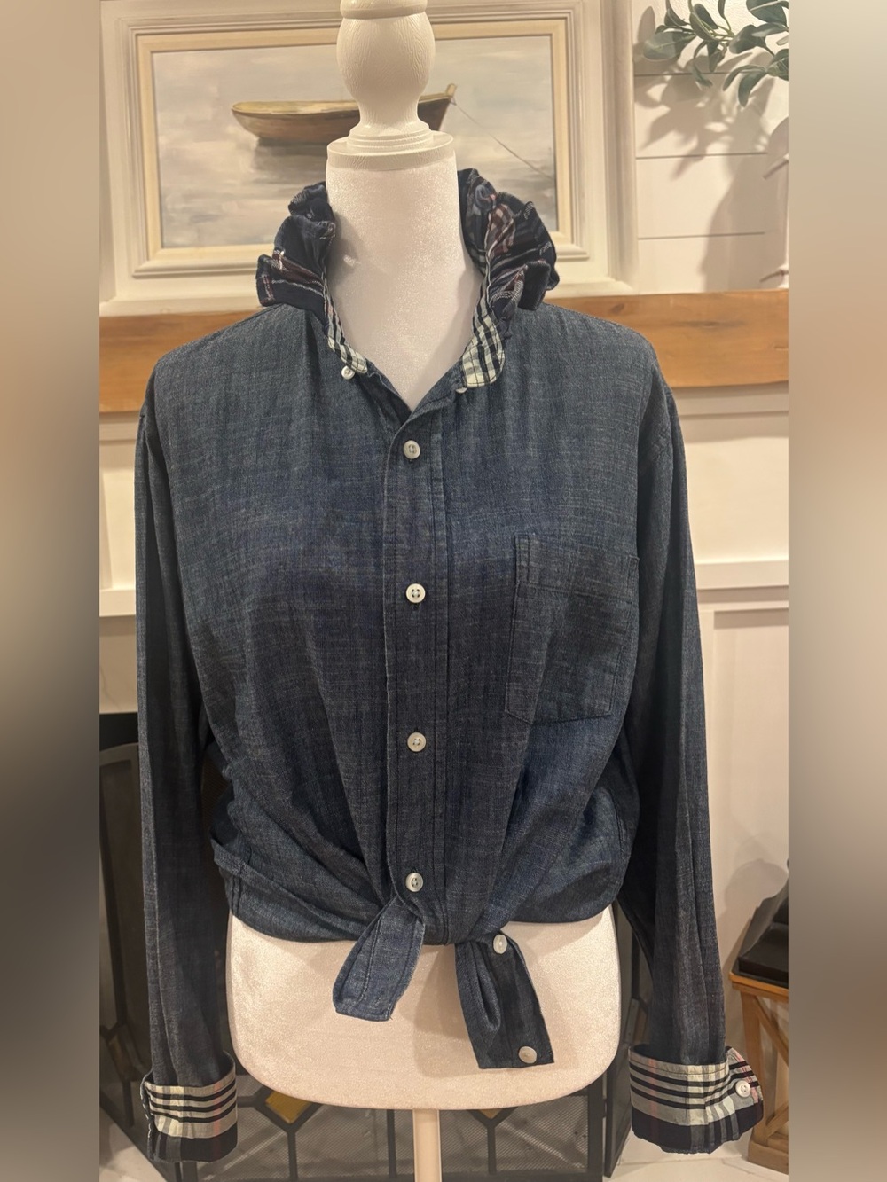 Custom upcycled ruffle collar shirt with plaid flannel collar